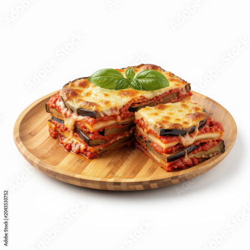 Parmigiana di Melanzane on Bamboo Plate Isolated on White Background Square Composition Studio Shot