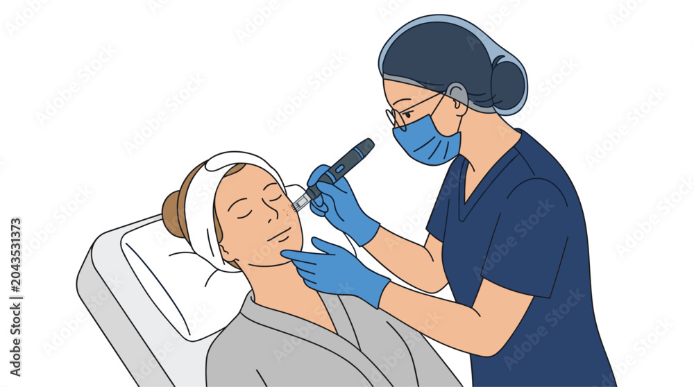 Fototapeta premium A masked aesthetician wearing dark blue scrubs carefully applies a microneedling facial therapy to a patient lying on a clinic bed.