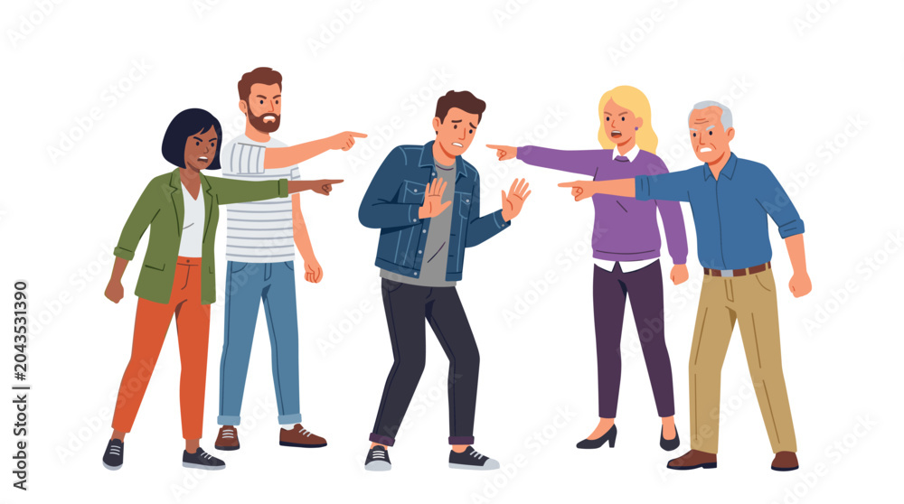 Fototapeta premium A diverse group of aggressive individuals points fingers at a distressed young man standing alone in a tense and hostile atmosphere.