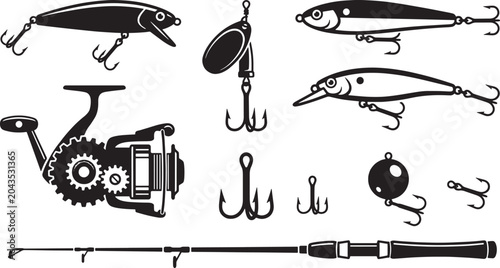Foto Fishing tackle and gear equipment black silhouette vector icon set with lures, r
