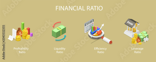 Schilderij op canvas 3D Isometric Flat Vector Illustration of Financial Ratio, Analyzing Financial He