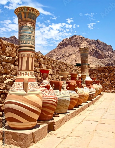 Colorful Decorative Clay Vases Displayed Along Stone Path in Mountain Desert Ruins