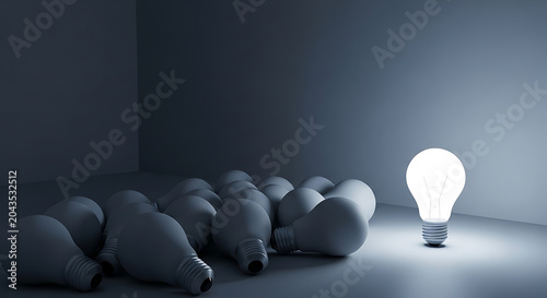 Single glowing light bulb among dark unlit bulbs representing creative idea and innovation with lightbulb creativity innovation inspiration solution leadership motivation business knowledge