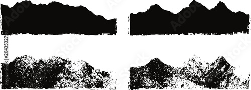 grunge mountain silhouettes set rough textured peaks and ridges abstract natural landscape elements in black and white
