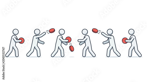 A series of stick figures passing red circular objects in a sequence.