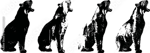 four silhouette dogs sitting and howling side view in black and white