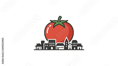 A stylized graphic illustration featuring a large red tomato rising behind a small town cityscape.