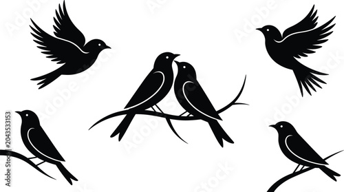 Foto Love birds silhouette vector set, romantic couple perched on branch with flying