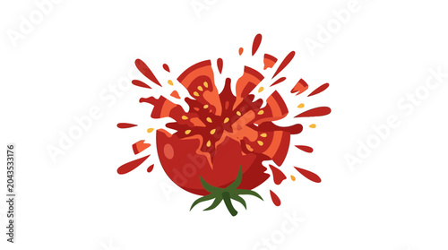 A vibrant illustration of a ripe red tomato exploding into pieces.