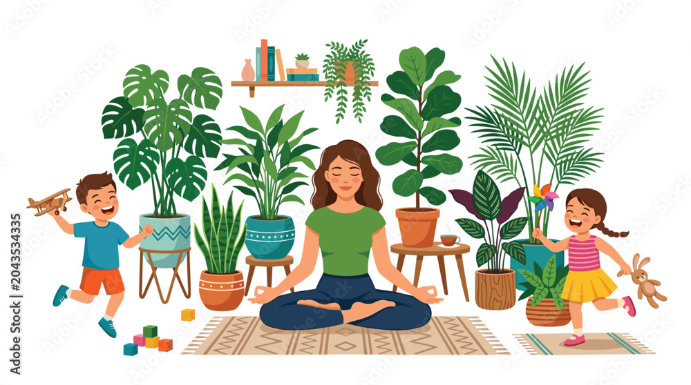 Fototapeta premium A serene woman performs yoga meditation surrounded by numerous lush green houseplants while her children play happily in a bright home space.