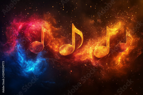 Vibrant musical notes surrounded by colorful nebula-like effects and glowing particles.