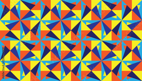 Seamless geometric pattern with abstract triangular shapes and pinwheel-inspired tiles in a vibrant multi-colored palette of yellow, orange, light blue, and dark blue, modern repeating design.