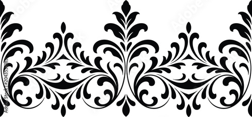 Seamless floral border silhouette vector illustration, ornamental vintage pattern isolated on white background decorative design