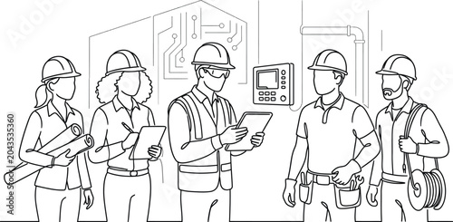 Group of industrial workers and engineers in safety gear.