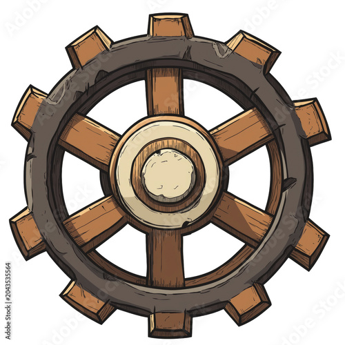 Illustration of a wooden ship wheel with weathered texture and detailed wood grain. Isolated on transparent background