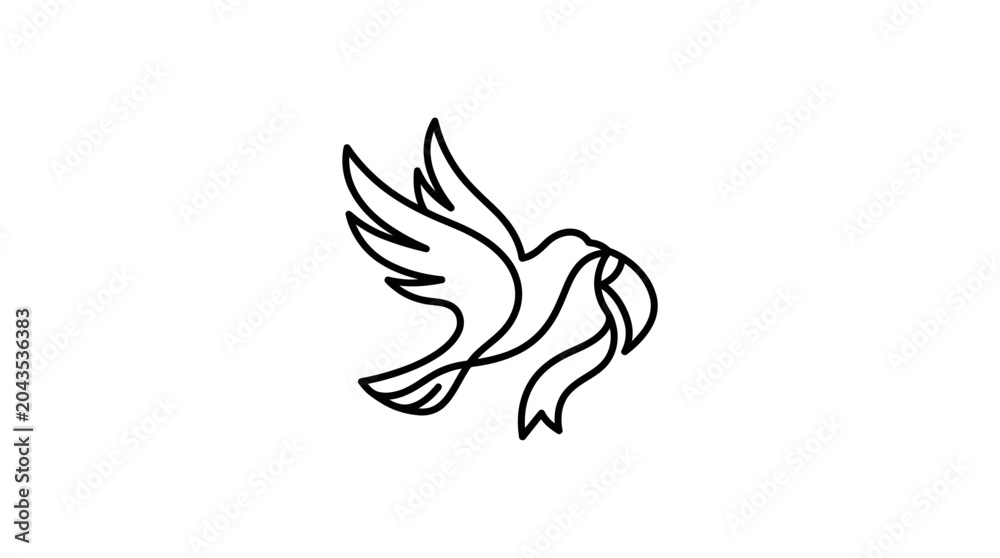 Fototapeta premium Minimalist continuous line art drawing of a flying bird carrying a ribbon.