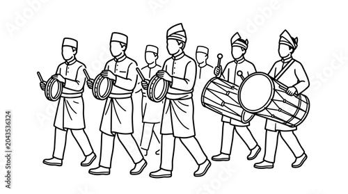 Bild auf Leinwand A group of men in traditional Malay attire playing drums in a procession