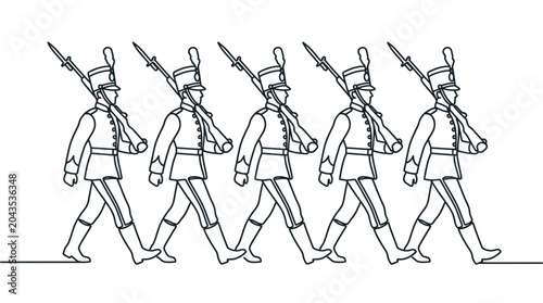 Tableau sur toile Continuous line drawing of a group of soldiers marching in a row.