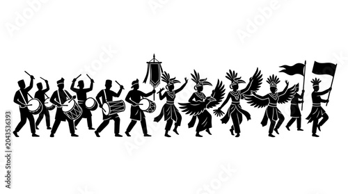 Foto A black silhouette illustration of a festive parade with musicians and dancers