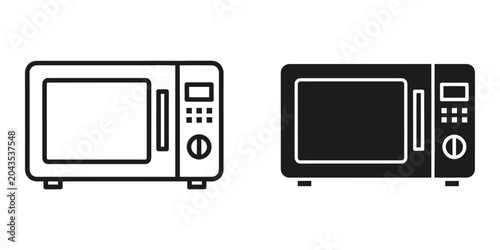 Microwave oven line art and solid icon set on white background for kitchen appliance concepts