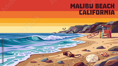 Tableau sur toile malibu beach coastal landscape cartoon vector with dramatic shoreline blue ocean