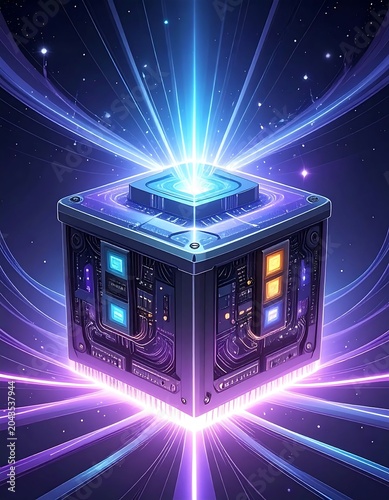 Glowing Futuristic Quantum Cube Emitting Light in Outer Space