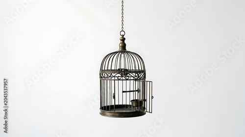 Empty Vintage Metal Birdcage with Open Door on White Background