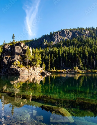 Clear Mountain Lake Reflecting Pine Forest and Rocky Cliff in Sunny Wilderness