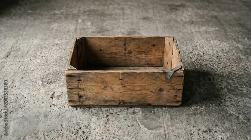 Empty vintage wooden crate on a textured concrete floor