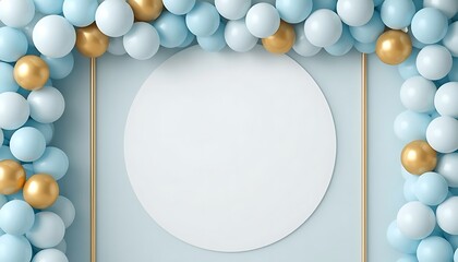 Balloon garland decoration elements. Frame arch for wedding, birthday, baby shower party celebration. Pastel blue and gold banner background with white round empty space. 3d render illustration.