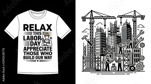 Labor day t shirt design with construction worker illustration and cityscape