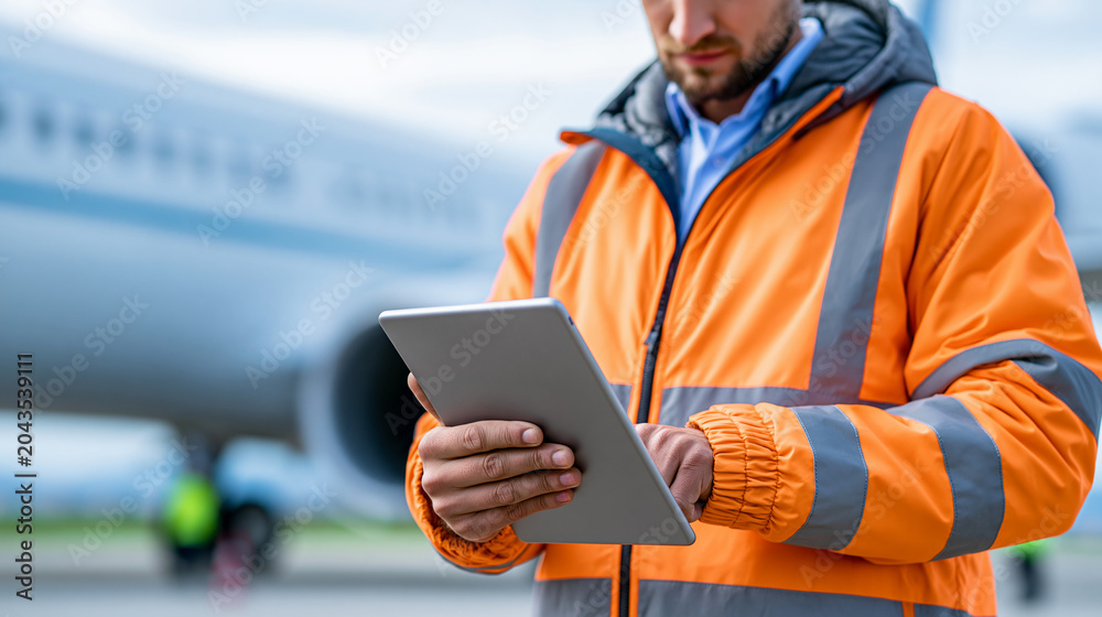 Fototapeta premium Anonymous aviation safety officer in uniform reviews maintenance logs on a digital tablet beside a commercial aircraft, defocused runway in background, aviation safety compliance,