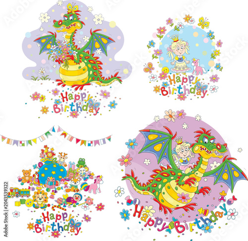 Happy birthday cards with a funny dragon and a cute little princess, a set of vector cartoon illustrations isolated on a white background