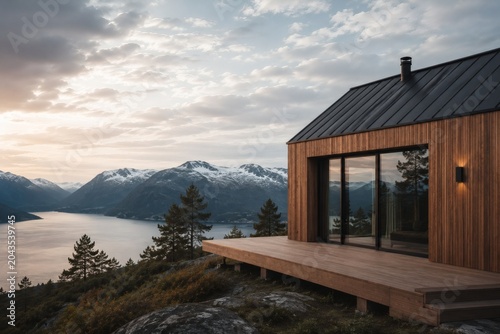 Modern wooden cabin with deck overlooking a mountain lake at sunset