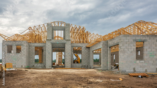 Foto Street view of the concrete shell of an upscale house under construction, with p