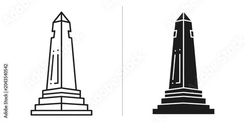 Obelisk monument in outline and solid silhouette on white background for design