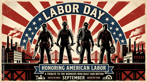 Vintage labor day poster featuring diverse american workers and industrial skyline
