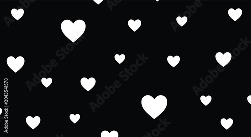 Simple white heart pattern on a black background creating a minimalist and romantic seamless design for various creative uses.