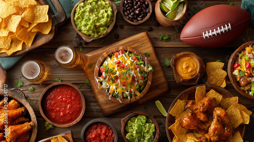 Overhead view of football party food including nachos, wings, dips and drinks arranged around an American football. Perfect for game day, tailgate and sports entertainment themes.