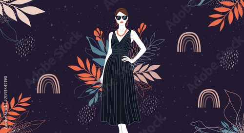 Fashionable illustration of a woman in a black dress wearing sunglasses standing against an abstract background of colorful leaves and rainbows.