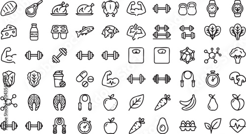 Foto Set of black and white vector graphic line art icons depicting healthy food item