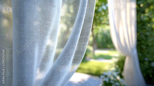 White Sheer Curtains Blowing in Garden Breeze.