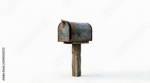 Old Rusty Vintage Metal Mailbox on Wooden Post Isolated on White Background