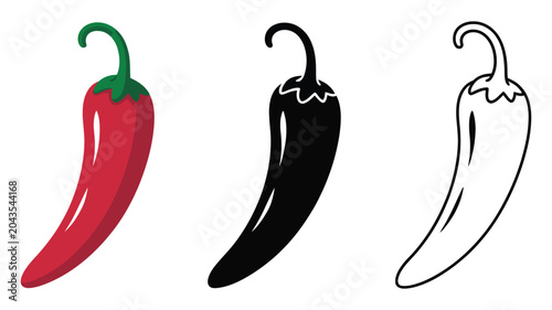 Konstfotografi Red Chili Pepper Black Silhouette and Line Drawing Isolated on White Background,