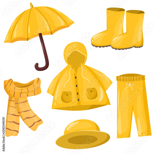 A collection of vector clipart illustrations of rain gear in coordinating shades of yellow