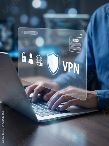 Professional Using Laptop with VPN Shield and Cybersecurity Digital Icons Interface