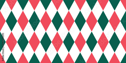 Christmas rhombus seamless pattern. Red and green xmas plaid texture with gold line. Argyle geometric diamond pattern. Christmas abstract wrapping bg. Vector illustration isolated on white background.