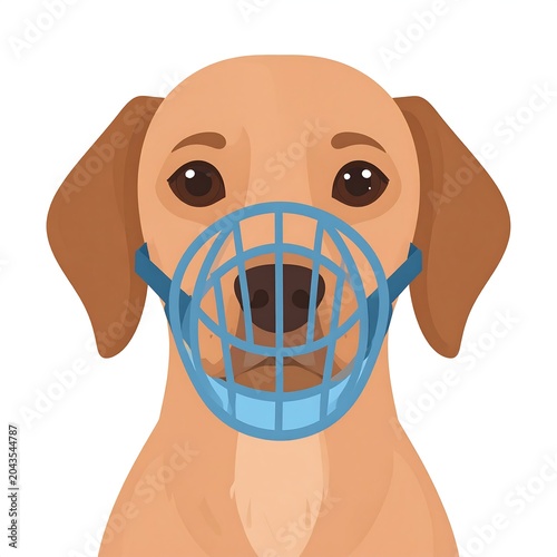 Brown Domestic Dog Wearing Blue Muzzle on Light Gray Background