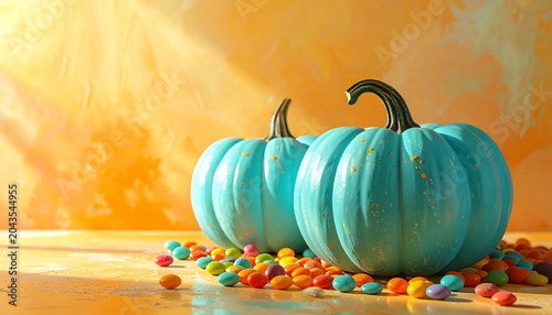 Vibrant Blue Pumpkins Resting Among Colorful Candies on Warm Orange Background
