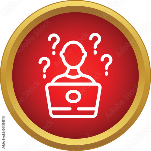 User pondering a problem while working on a laptop, surrounded by question marks